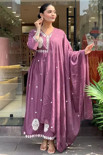 Purple p v chanderi embroidered embroiderd stitched suit