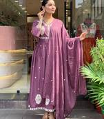 Purple p v chanderi embroidered embroiderd stitched suit