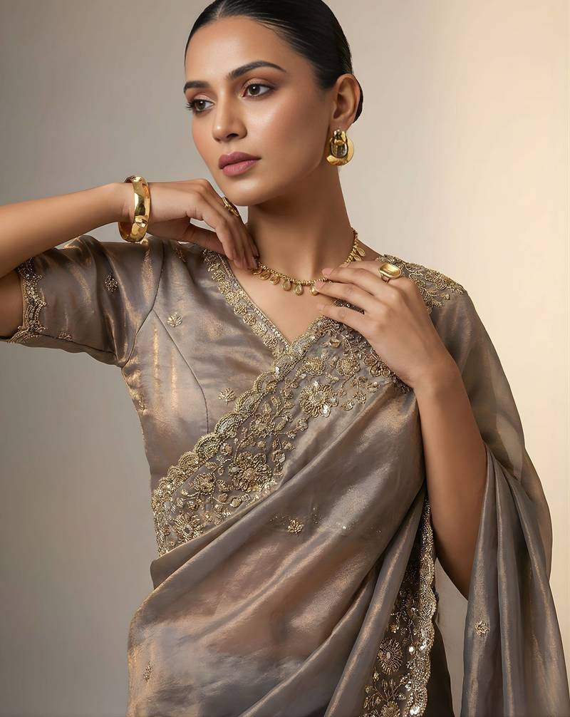 Grey Color Embroidery Work Of Beads & Sequins Work Fendy Satin Silk Blend Saree