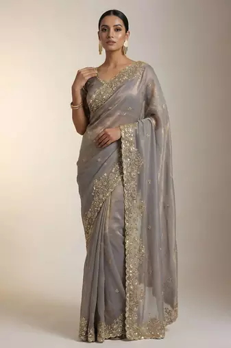 Grey Color Embroidery Work Of Beads & Sequins Work Fendy Satin Silk Blend Saree