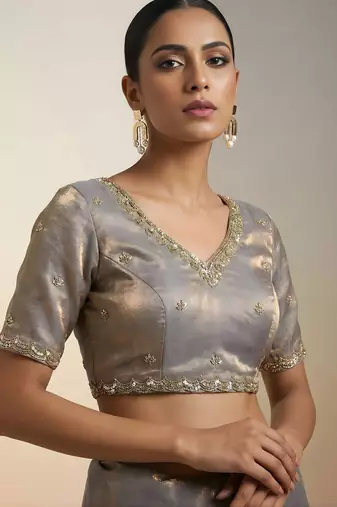 Grey Color Embroidery Work Of Beads & Sequins Work Fendy Satin Silk Blend Saree