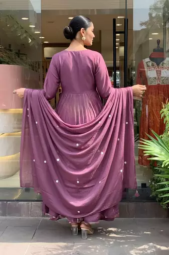 Purple p v chanderi embroidered embroiderd stitched suit