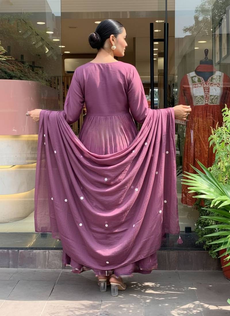 Purple p v chanderi embroidered embroiderd stitched suit