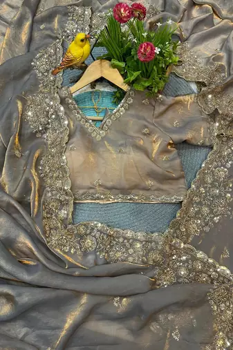 Grey Color Embroidery Work Of Beads & Sequins Work Fendy Satin Silk Blend Saree