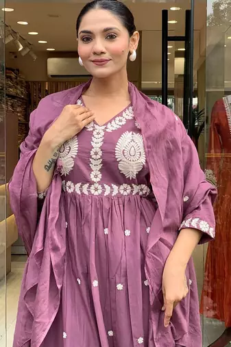 Purple p v chanderi embroidered embroiderd stitched suit