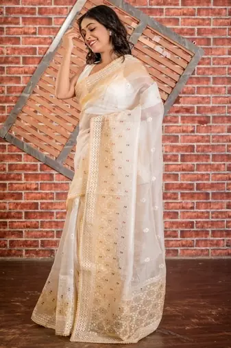 multicolor woven organza resham embroidery all seasons sarees