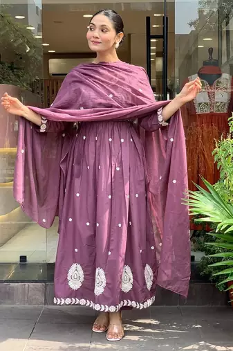 Purple p v chanderi embroidered embroiderd stitched suit