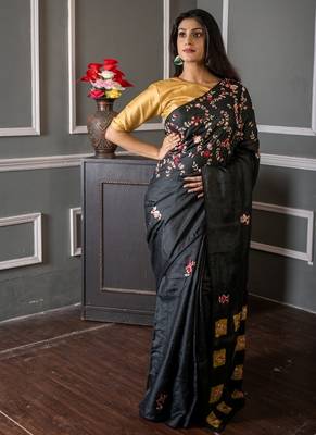 black hand woven tussar hand embroidery all seasons sarees 1