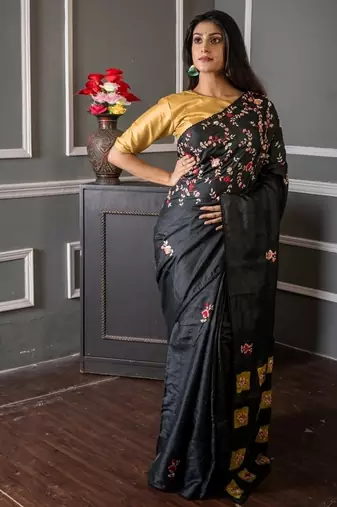 black hand woven tussar hand embroidery all seasons sarees