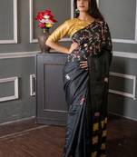 black hand woven tussar hand embroidery all seasons sarees