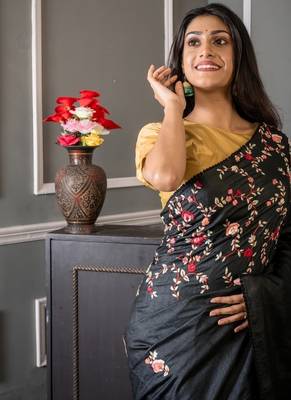 black hand woven tussar hand embroidery all seasons sarees 2