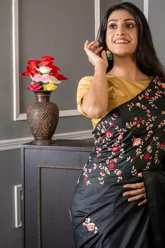 black hand woven tussar hand embroidery all seasons sarees