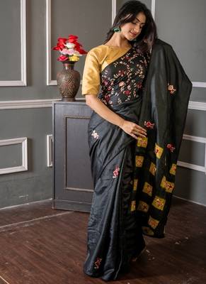 black hand woven tussar hand embroidery all seasons sarees 3