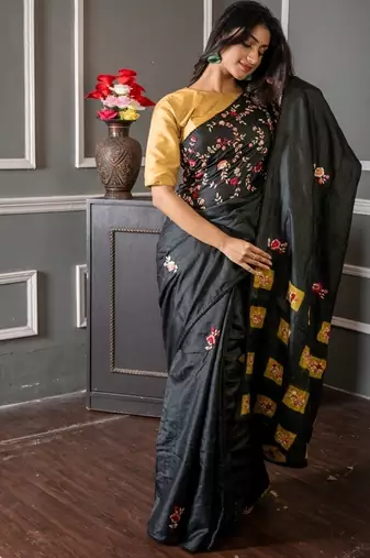 black hand woven tussar hand embroidery all seasons sarees