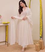 Cream chanderi silk embroidered embroiderd stitched suit