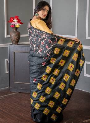 black hand woven tussar hand embroidery all seasons sarees 4