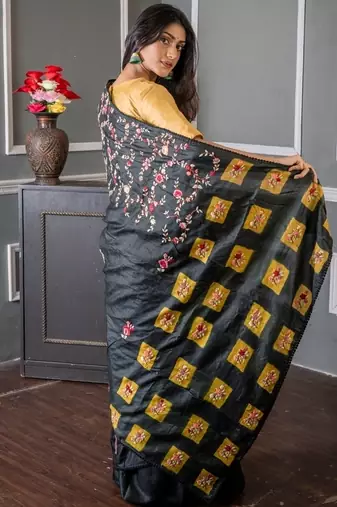 black hand woven tussar hand embroidery all seasons sarees