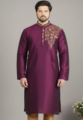 Magenta embroidered dupion silk kurta 1