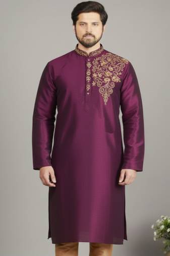 Magenta embroidered dupion silk kurta
