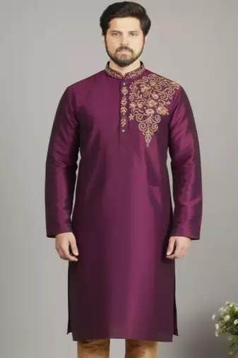 Magenta embroidered dupion silk kurta