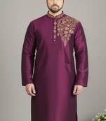 Magenta embroidered dupion silk kurta