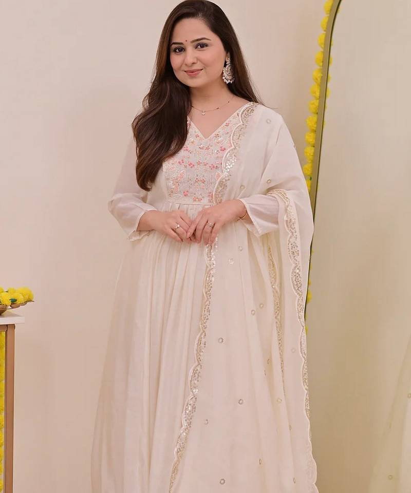 Cream chanderi silk embroidered embroiderd stitched suit