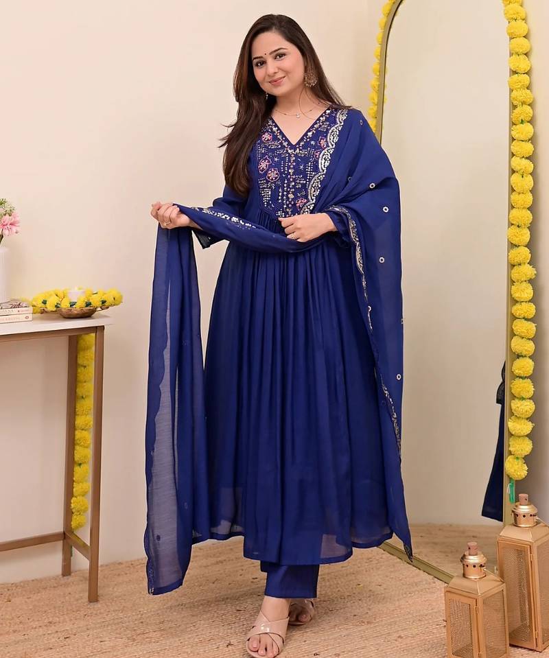 Blue chanderi silk embroidered embroiderd stitched suit