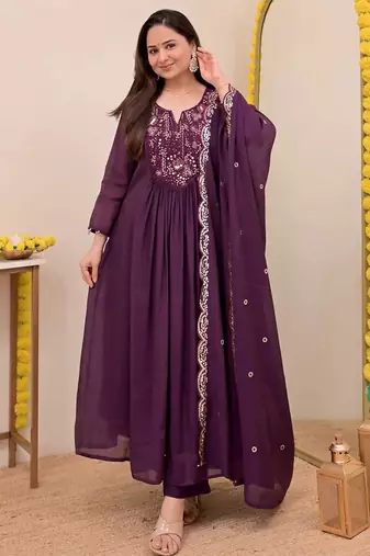 Wine chanderi silk embroidered embroiderd stitched suit