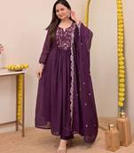 Wine chanderi silk embroidered embroiderd stitched suit