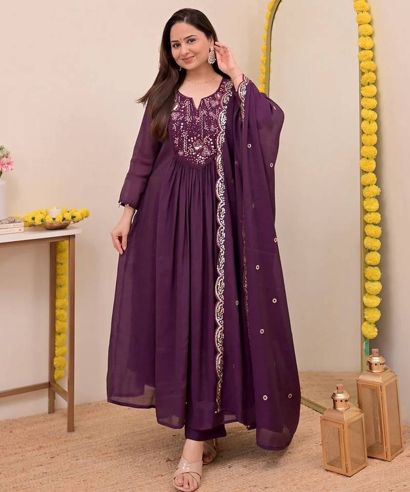 Wine chanderi silk embroidered embroiderd stitched suit