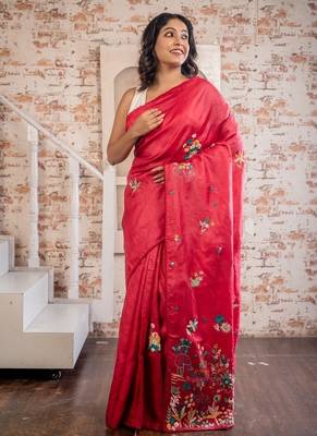 red hand woven tussar hand embroidery all seasons sarees 1