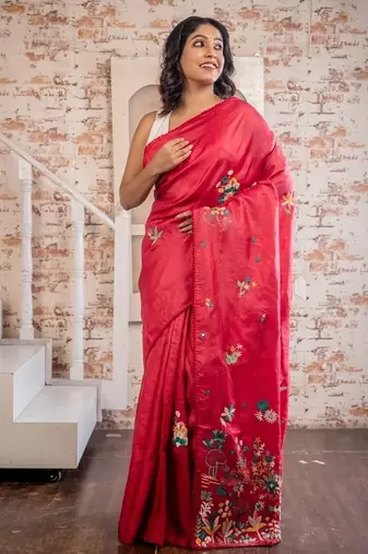red hand woven tussar hand embroidery all seasons sarees