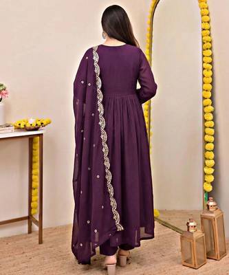 Wine chanderi silk embroidered embroiderd stitched suit 2