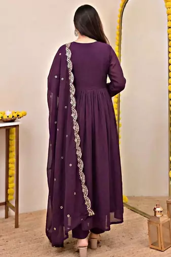 Wine chanderi silk embroidered embroiderd stitched suit