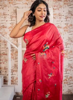 red hand woven tussar hand embroidery all seasons sarees 2