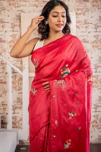 red hand woven tussar hand embroidery all seasons sarees