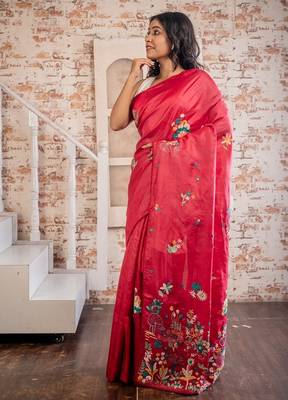 red hand woven tussar hand embroidery all seasons sarees 3