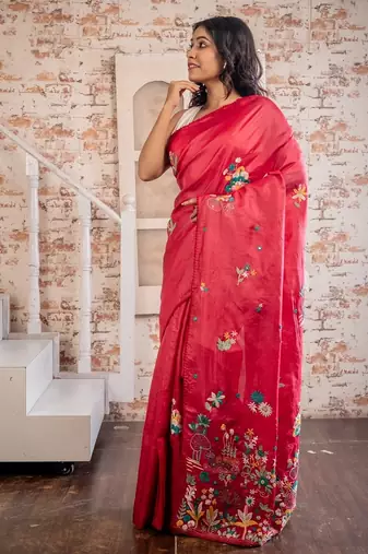 red hand woven tussar hand embroidery all seasons sarees