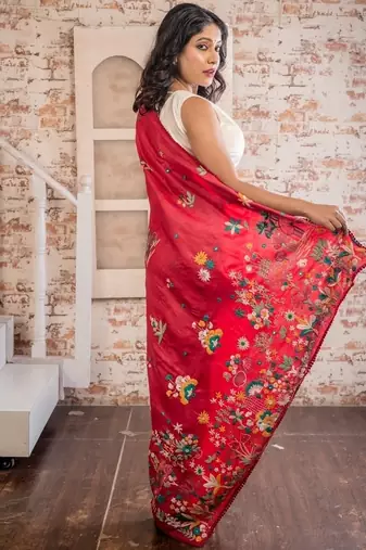 red hand woven tussar hand embroidery all seasons sarees
