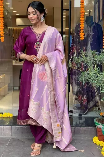 Purple chanderi embroidered festive wear salwar kameez