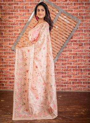 pink woven organza zari work all seasons sarees 3