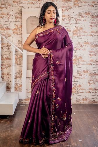 pink embroidered tussar silk blend hand embroidery all seasons sarees