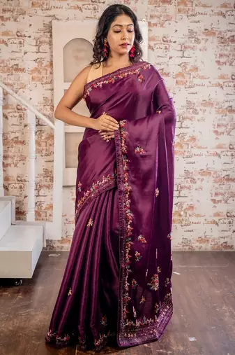 pink embroidered tussar silk blend hand embroidery all seasons sarees