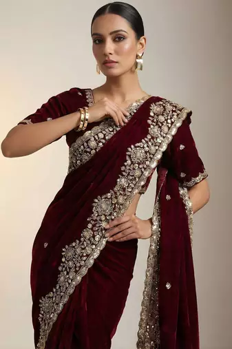 Maroon Color Embroidery Work Of Beads & Sequins Work Fendy Satin Silk Blend Saree