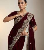 Maroon Color Embroidery Work Of Beads & Sequins Work Fendy Satin Silk Blend Saree