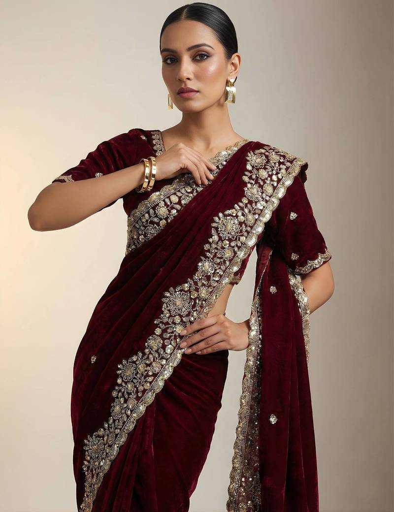 Maroon Color Embroidery Work Of Beads & Sequins Work Fendy Satin Silk Blend Saree
