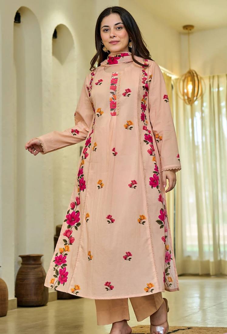 Peach cotton embroidered festive wear salwar kameez