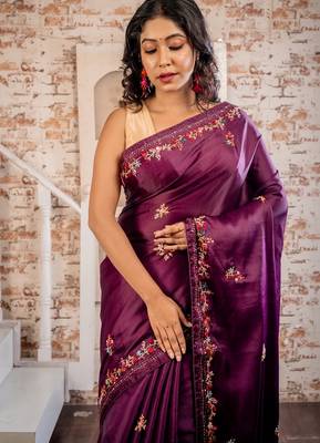 pink embroidered tussar silk blend hand embroidery all seasons sarees 2