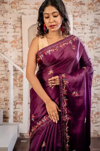pink embroidered tussar silk blend hand embroidery all seasons sarees
