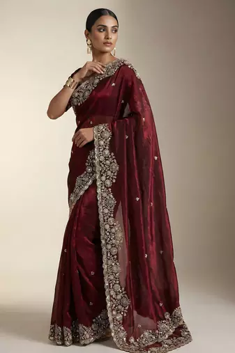 Maroon Color Embroidery Work Of Beads & Sequins Work Fendy Satin Silk Blend Saree